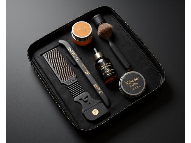 A sophisticated beard care kit featuring branded products: comb, brush, oil, and balm, all in a sleek travel case.