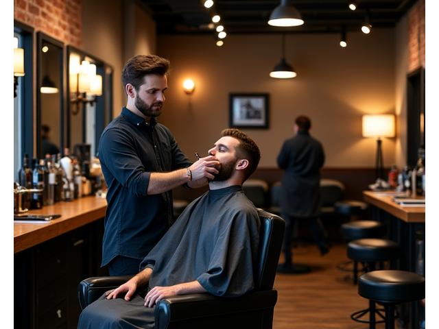 Warmly lit interior of BarberCraft Calgary barbershop, showcasing expert barber at work.